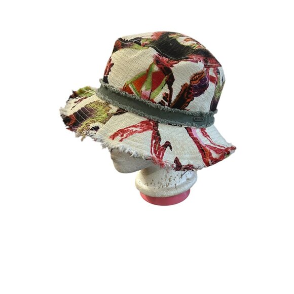 Floral Pistil Bucket Hat Cream Red Pink Flowers Khaki Band Boho Resort Wear - Picture 5 of 9